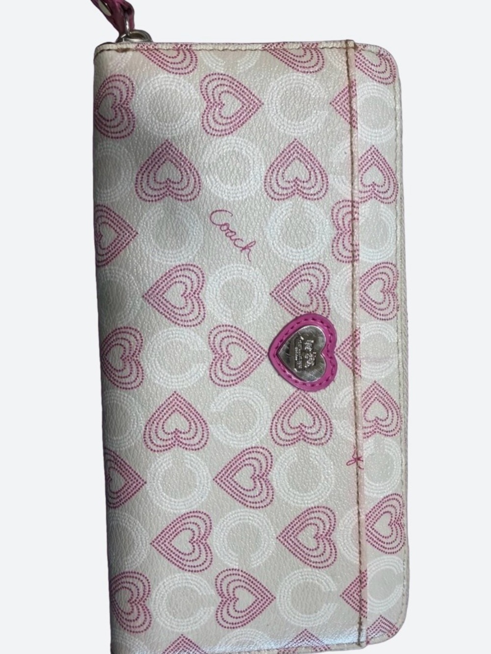 Coach Pink Heart Print Zip Wallet in White and Pink